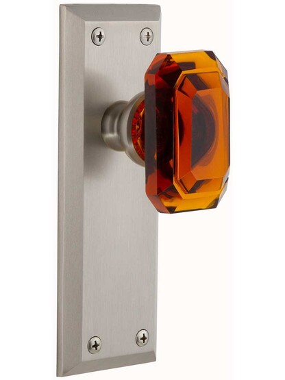 Grandeur Fifth-Avenue Door Set with Amber Crystal-Glass Baguette Knobs in Satin Nickel.